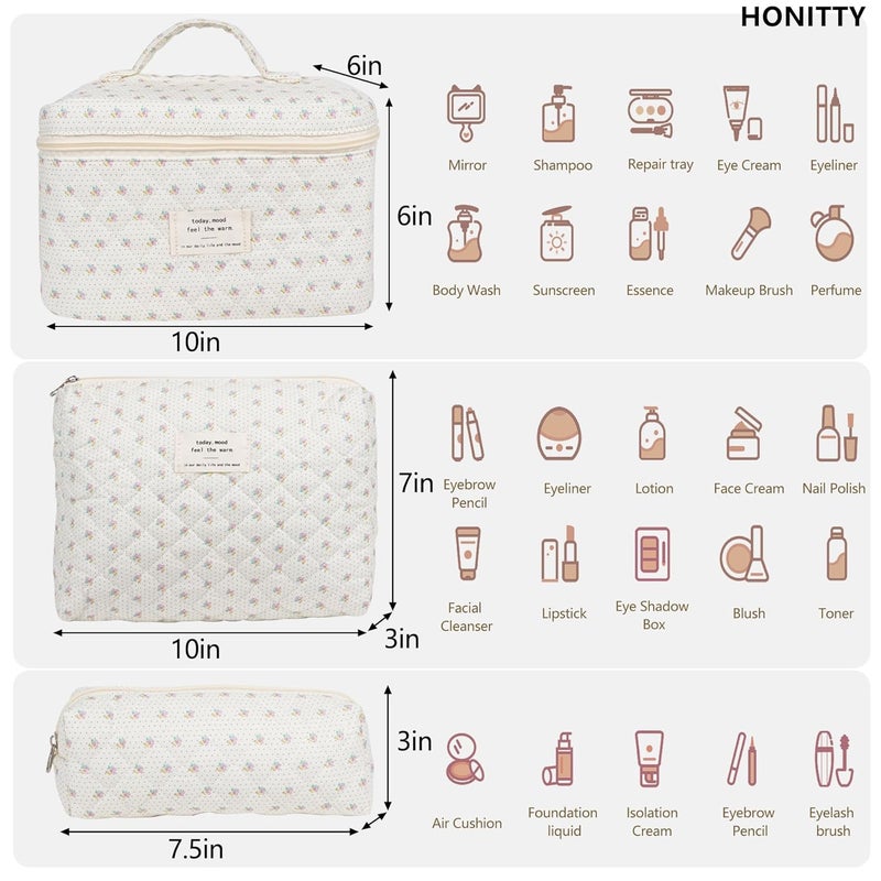 honitty Makeup Bag,Quilted Cosmetic Bags,Large Floral Make Up Organize bag,Makeup Bag Set for Women,Flower Travel Toiletry Bag - Image 2